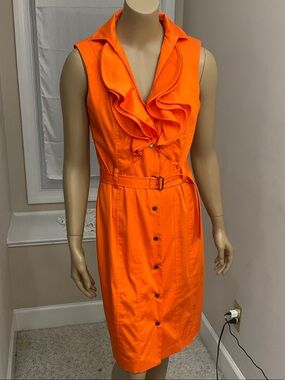 Calvin Klein Bright Orange Ruffle-Front Belted Midi Dress